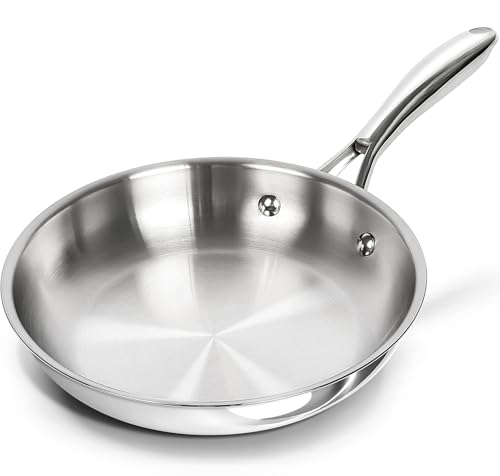 Image of MICHELANGELO Stainless Steel 8 inch Frying Pan, Small Skillet with Triply Base, Stainless Steel Pan with Ergonomic Handle, Induction Compatible