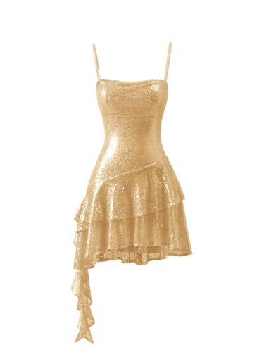 Wchecalino Gold Homecoming Dress with Flowy Ruffle Cowl Neck Sparkly Sequin HOCO Dresses for Teens Bodycon Mini Cocktail Party Gowns 2