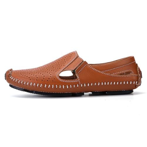 Image of Men's Breathable Summer Genuine Leather Sandal Perforated Casual Walking Driving Flats Shoes