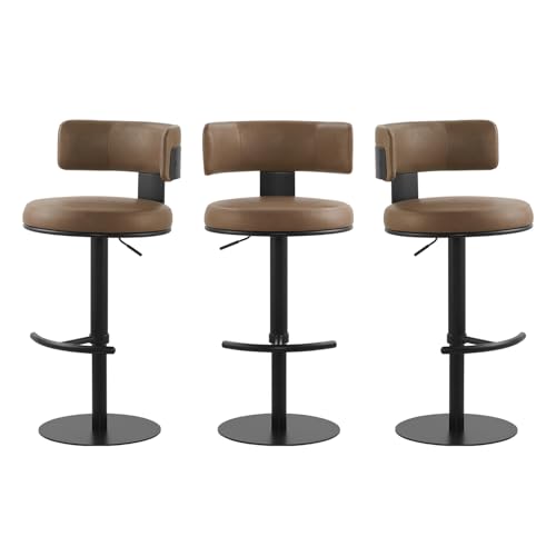 Butacos ajustables CHITA, set de 3, con giro de 360° y base metálica para barra, isla de cocina o comedor, asiento en cuero sintético marrón silla y estructura negra miniatura 1