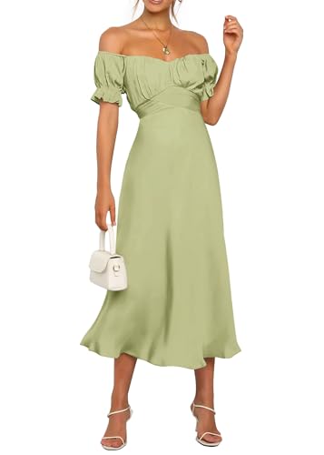 Image of KIRUNDO Women's Satin Summer Wedding Guest Cocktail Dress | 2026 Spring Fall Party Midi Dress, Silky, Elegant Off Shoulder Short Sleeve, Ruffle Mermaid Hem, Wrap Prom Formal Outfits