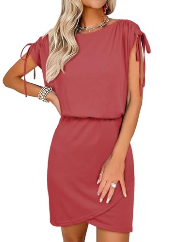 Image of Dokotoo Womens 2024 Summer Dress Drawstring Cap Sleeve Crew Neck Wrap Bodycon Dresses Mini Short Dress
