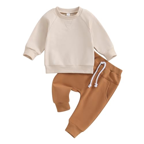 Image of Toddler Baby Boy Clothes Solid Color Long Sleeve Crewneck Sweatshirt Top Casual Pants Set 2Pcs Fall Winter Outfits