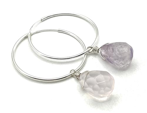 Boucles d'oreilles pierres de gemmes améthyste quartz rose argent - 2