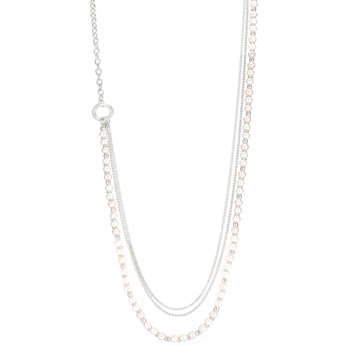 Silver Long Pearl Necklaces for Women Pearl Beaded Link Chain Necklace Mom Gifts Elegant Costume Jewelry for Women(White Pink)