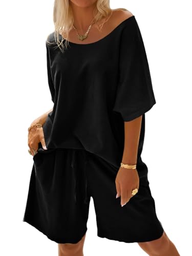 Tankaneo Womens 2 Piece Lounge Sets Short Sleeve Off Shoulder Tops Drawstring Shorts Summer Outfits Pajamas