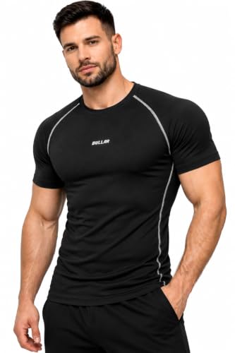 Image of BULLAR Men's Polyester Blend Compression T-Shirt, Half Sleeve Athletic Sports Tight, Crew Neck, Slim Fit Tshirt for Fitness and Workout