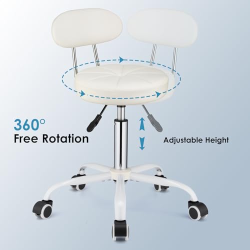 Image of PU Leather Rolling Stool with Back Support, White