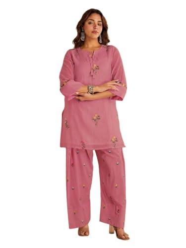 Image of ANNI Designer Farshi Salwar Suit for Women Viscose Embroidered | Co Ord Set for Woman | Straight Kurta Palazzo Outfit Round Neck V Slit 3 /4 Sleeve Ethnic Dress Womens Clothing