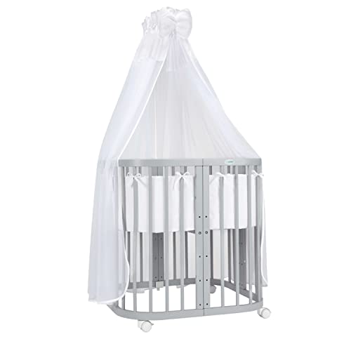 Waldin Babybett aus Holz 7in1 mit Matratze, Mitwachsendes Kinder-Bett, Belüftet, Boden 5-Fach Verstellbar, All-Inclusive-Set, Holz Grau, Stoffe Weiß