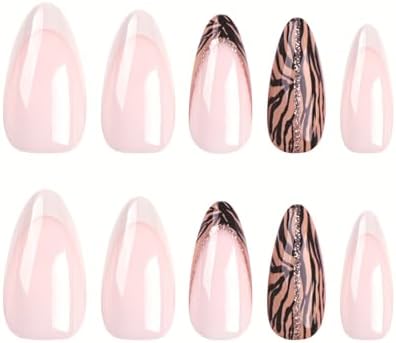 Almond Press on Nails Medium Fake Nails with Designs White French Tip False Nails Press ons Glitter Line Zebra Print Glossy Acrylic Glue on Nails Full Cover Artificial Stick on for Women Supplies