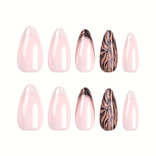 Almond Press on Nails Medium Fake Nails with Designs White French Tip False Nails Press ons Glitter Line Zebra Print Glossy Acrylic Glue on Nails Full Cover Artificial Stick on for Women Supplies