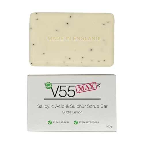 V55 MAX Sapone allo Zolfo con Acido Salicilico, Olio Tea Tree per Macchie Punti Neri Milia Macchie Problemi della Pelle datti e Sicuri per chi è Incline all'Acne - Senza Parabeni