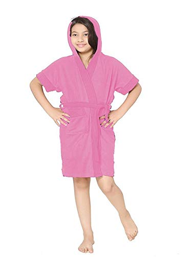 ELEVANTO Girls Half Sleeve Soft Terry Bathrobe with Hood (Pink)