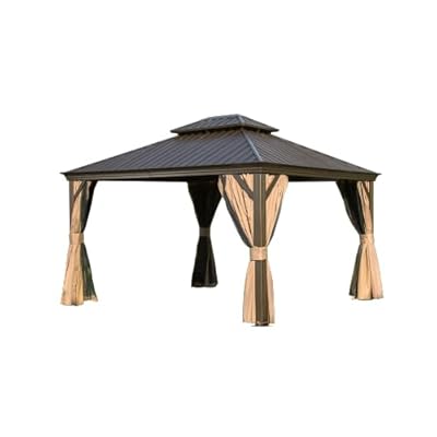 12'x14' Hardtop Gazebo, Outdoor Aluminum Frame Canopy with Galvanized Steel Double Roof, Outdoor Permanent Metal Pavilion with Curtains and Netting for Patio, Backyard and Lawn(Brown)