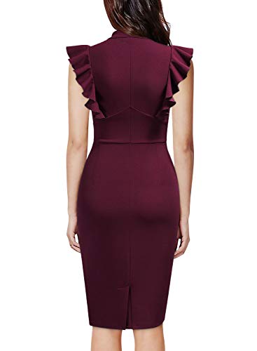 Image of Knitee Women's Vintage Ruffle Sleeve V-Neck Bodycon Evening Party Cocktail Pencil Sheath Dress
