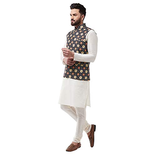 Image of SOJANYA (Since 1958, Men's Silk Blend Pink Kurta Pyjama & Printed Nehrujacket Combo