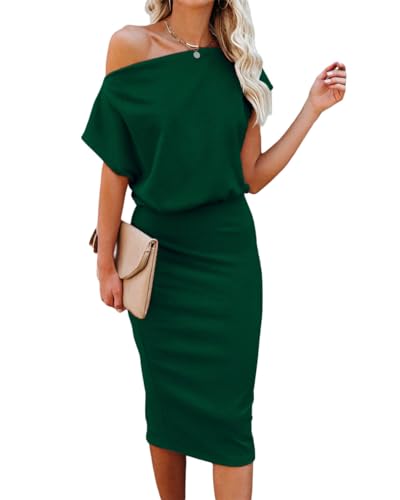 Image of EZBELLE Women's Summer Dress Off The Shoulder Short Sleeve Ribbed Casual Party Bodycon Midi Dresses