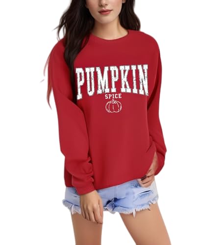 Qkdemfa Pumpkin Sweatshirts Women Pumpkin Spice Graphic Tees Thanksgiving Sweatshirt Fall Sweaters Smashing Pullover Red