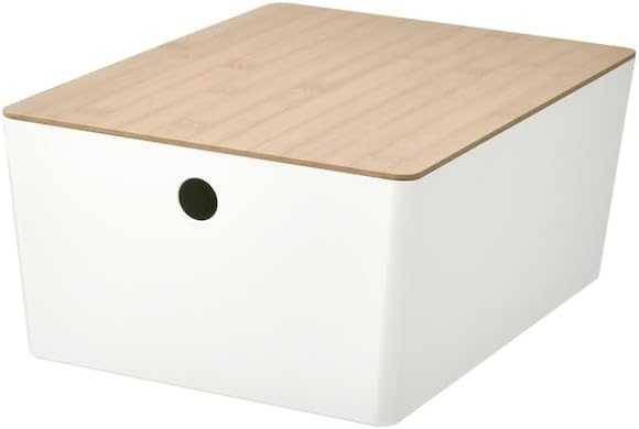 White Storage Box with Bamboo Lid – 10¼ x 13¾ x 6” – Stackable Organizer for Home, Office, or Closet