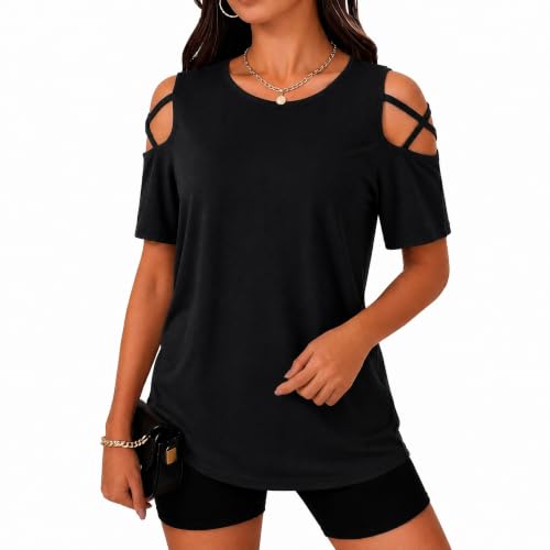 Image of Jar of Love Women's Summer Tops Short Sleeve Cold Shoulder Tops T-Shirts for Women Spring Summer Tops Loose Fit Tunic 2026