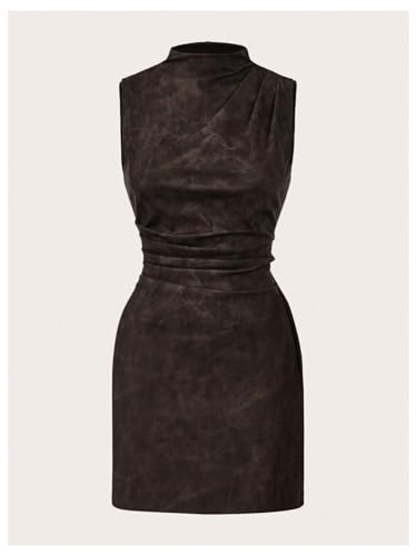 Image of RoseSeek Women's PU Leather Ruched Bodycon Dresses Mock Neck Sleeveless Zipper Mini Tank Dress