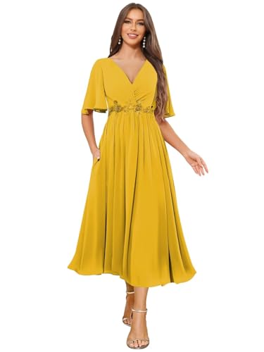 V Neck Mother of The Bride Dresses Tea Length Chiffon Flutter Sleeve Bridesmaid Dress with Pockets