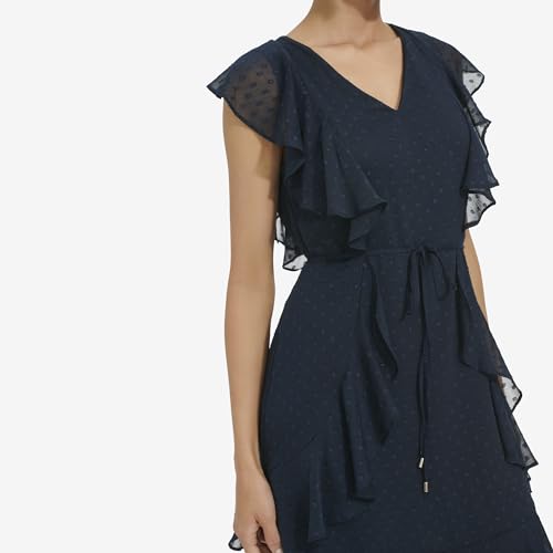 Image of Tommy Hilfiger Women's Sleeveless V-Neck Ruffle Trim Tie Waist Chiffon Mini Dress