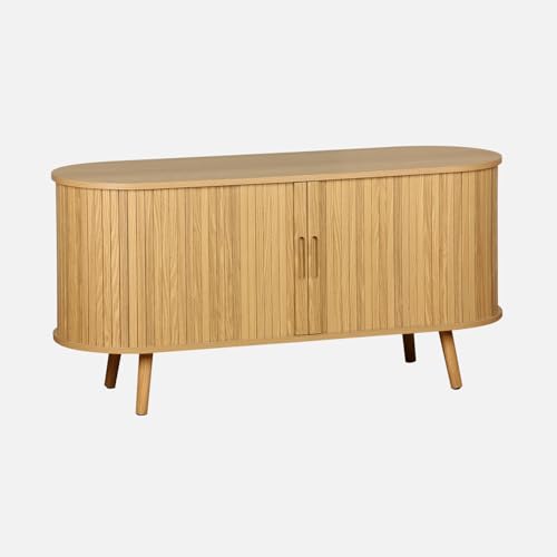 sweeek - Meuble TV scandinave 2 Portes coulissantes. 4 Compartiments. décor Bois rainuré Naturel....