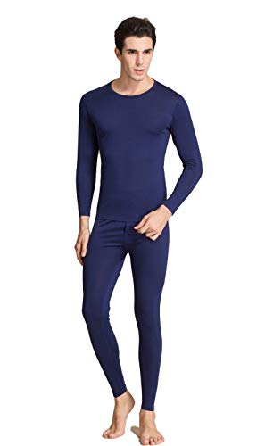 Men's Silk Thermal Underwear Sets Round Neck Navyblue M