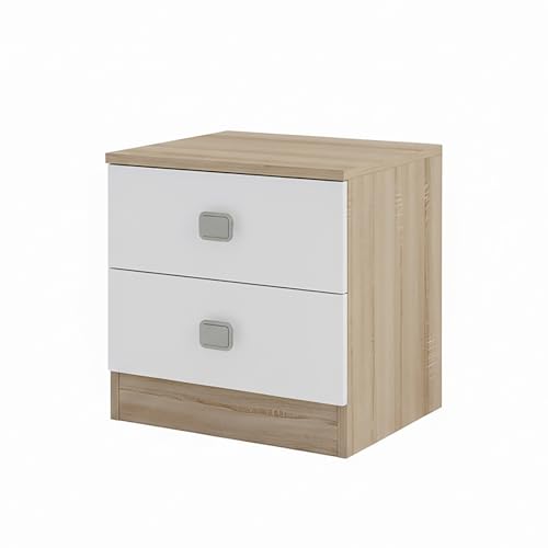 amuéblate Online - Mesita de Noche Estilo Nórdico Modelo Nico con 2 Cajones, Diseño Práctico y Elegante, Color Cambria-Blanco, Medidas: 43,2 cm Ancho x 43,5 cm Alto x 33,5 cm Fondo