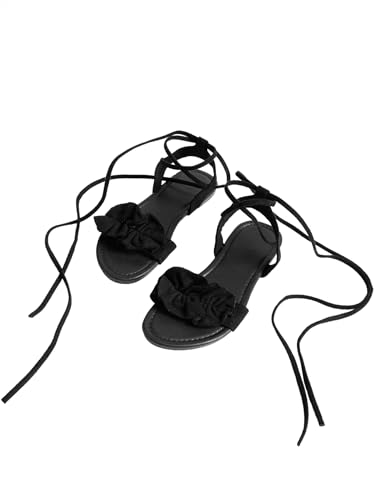 GORGLITTER Women's Lace Up Gladiator Sandals Ruffle Trim Strappy Flat Sandals Casual Tie Up Ankle Strap Sandals