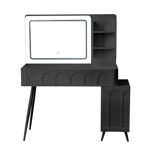 Image of JIVOIT Modern Makeup Vanity Desk with Mirror, Dressing Table Set with Stool, Unique Fluted Waveform Panels, Space-Saving Vanity Set with 4 Drawer, Strong Metal Legs, Easy Assembly (Black / /3)