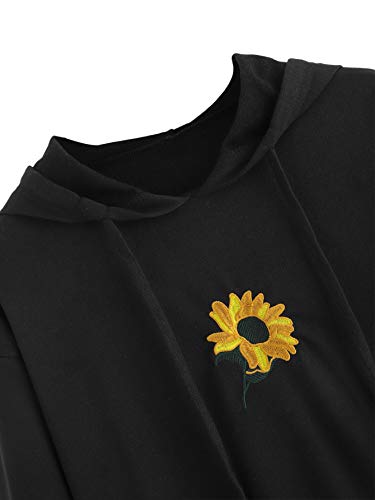 Sweatyrocks Women's Floral Print Long Sleeve Hoodie Casual Drawing Sweatshirt Pullover Crop Top Black M #TOP2
