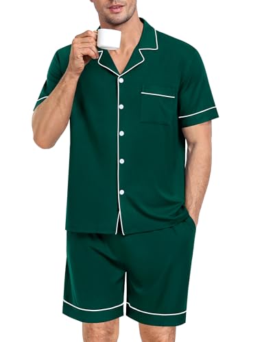Image of SWOMOG Mens Pajama Set Short Sleeve 2 PCS Sleepwear Button Down Soft Loungewear Modal Set Pj Set with Pockets S-3XL Christmas Green XX-Large