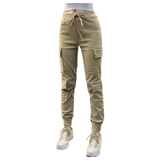 Nuofengkudu Petite Pantalones Cargo Mujer Elasticos Harem Pantalon con Bolsillos Stretch Cintura Tobillo Pantalón Chica Joven Punk Deportivo Jogging Jogger Pants Hip Hop Moda Casual Khaki S
