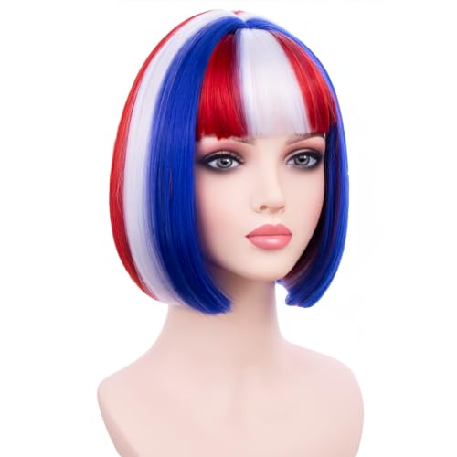 Image of PATTNIUM Blue Red White Wig with Bangs for Women Girls 4th of July Short Bob Wigs Fourth of July Party Heat Resistant Synthetic Wig(Small Net)