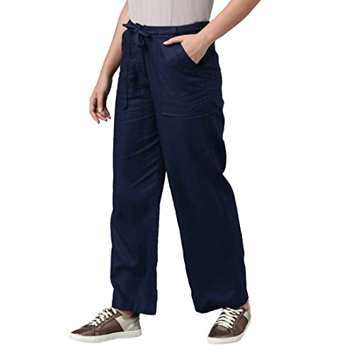 Image of GO COLORS Solid Linen Cargo Pants for Women | Full Length, Mid Rise, Side Pockets
