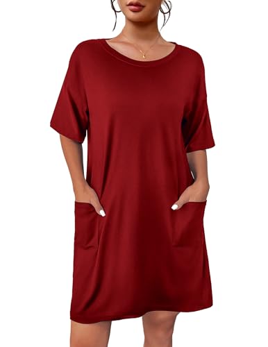 Image of Ekouaer Sleep Shirts for Women Nightgown Short Sleeves T shirt Night Dress Round Neck Womans Nightgown with Pocket S-XXL