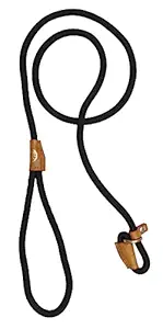 Vama Leathers I British Style Training Leash Slip Leash I Adjustable Length I Strong & Durable Training Show Leash I Soft Nylon Rope I Leather Trims I Made in India I 5 Feet X 1 cm I Black.
