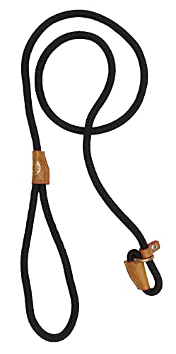 Vama Leathers I British Style Training Slip Leash I Adjustable Length I Strong & Durable Training Show Leash I Soft Nylon Rope I Leather Trims I Made in India I 5 Feet X 1 CM I Black.