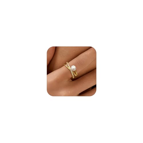 6mm Pearl Ring for Women Dainty X Criss Cross Gold Pearl Ring Stackable 925 Sterling Silver Cubic Zirconia Open Ring Promise Rings Birthday Christmas Wedding Jewelry Gifts for Her Mom