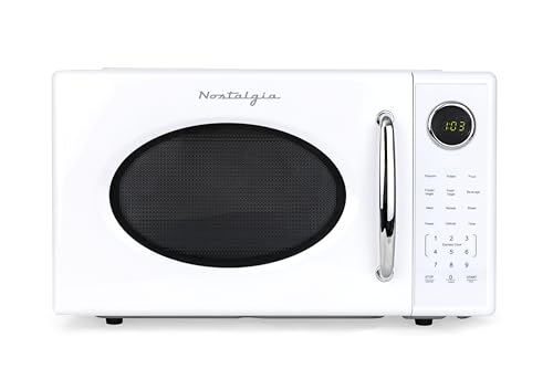 Nostalgia Retro 1000W Microwave Oven 1.1 Cu Ft Capacity – Child Safety Lock, 8 Auto-Cook Settings – Countertop Kitchen Appliance – White