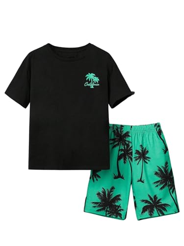 Image of SHENHE Boy's 2 Piece Set Tropical Print Short Sleeve Crewneck T Shirt and Shorts Set Vacation Outfits Black Green Leaves 10 Years