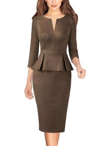 Image of VFSHOW Womens Work Business Office Front Zipper Peplum Church Sheath Dress | 3 /4 Sleeves, Elegant, Spring Fall, Church, Funeral, Slimming Fitted Bodycon Dress
