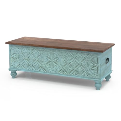 Image of Wooden Trunk Box for Storage | Solid Wood Coffee Table for Living Room | Handcrafted Center Tea Table with Sandook Storage for Living Room | Pitara for Home & Bedroom (Light Blue Distress)