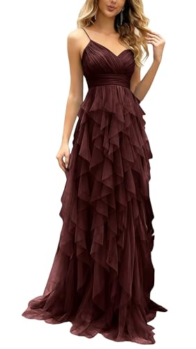 Sexy Ruffles Prom Dresses Ruched Tulle Tiered Spaghetti Straps A Line Formal Party Dress Evening...