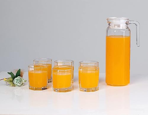 Image of Premium Water and Juice Glasses and Jug Set Combo [6 Piece Glass 250ML & 1 Piece Jug 1 Liter] Transparent Pitcher Set for Dining Table, Home & Restaurant,Party (MTS - 13)