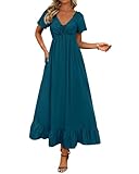 BTFBM Womens Summer Dresses 2025 Casual Short Sleeve V Neck Drawstring Wedding Guest Maxi Dresses Boho Beach Long Dress (Lake Blue,Medium)