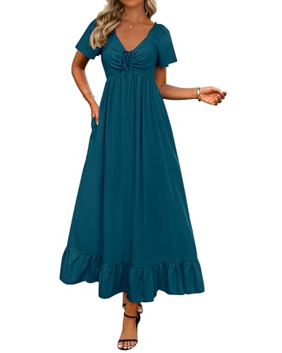 Image of BTFBM Womens Summer Dresses 2026 Casual Short Sleeve V Neck Drawstring Wedding Guest Maxi Dresses Boho Beach Long Dress
